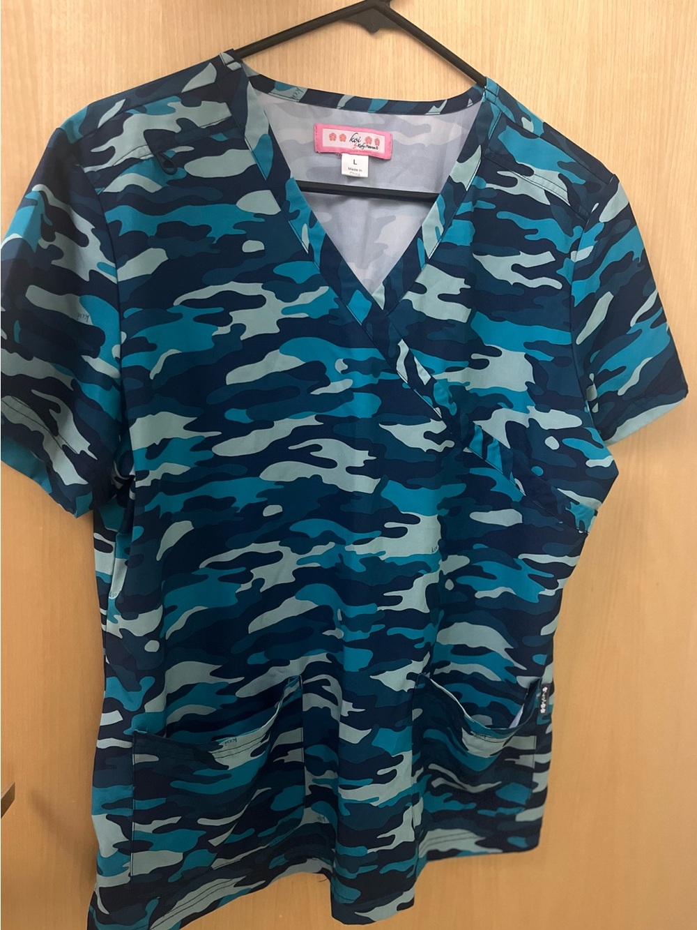 Koi Women’s Blue Camouflage V-Neck Scrub Top
